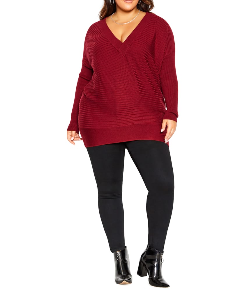 Front of a model wearing a size XXS Klara Ribbed Tunic in True Red by City Chic. | dia_product_style_image_id:234400